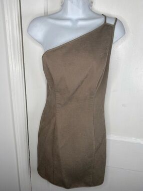 C/MEO Collective Revolve One-Shoulder Brown Taupe Mini Dress